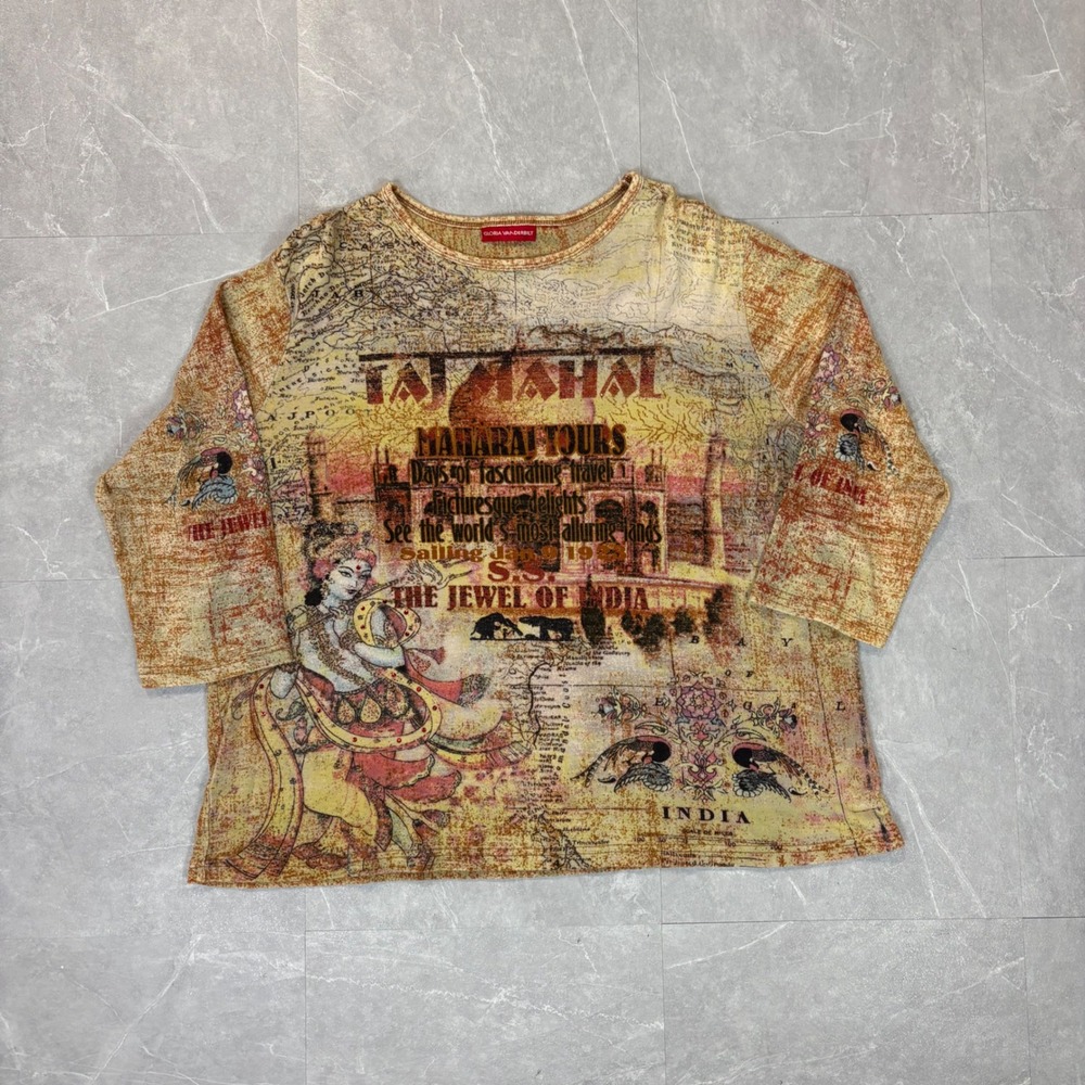 Gloria Vanderbilt Taj Mahal Maharai Tours Graphic Top 3/4 Sleeve Yellow Tan